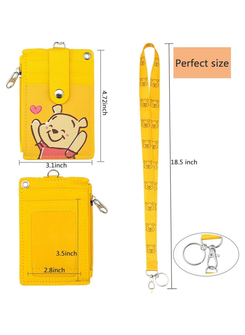 Cute ID Card Holder with Lanyard, Durable PU Leather Cartoon ID Card Holder with Zip Pocket Wallet Keychain Lanyard for Students Teenage Staff - Image 2